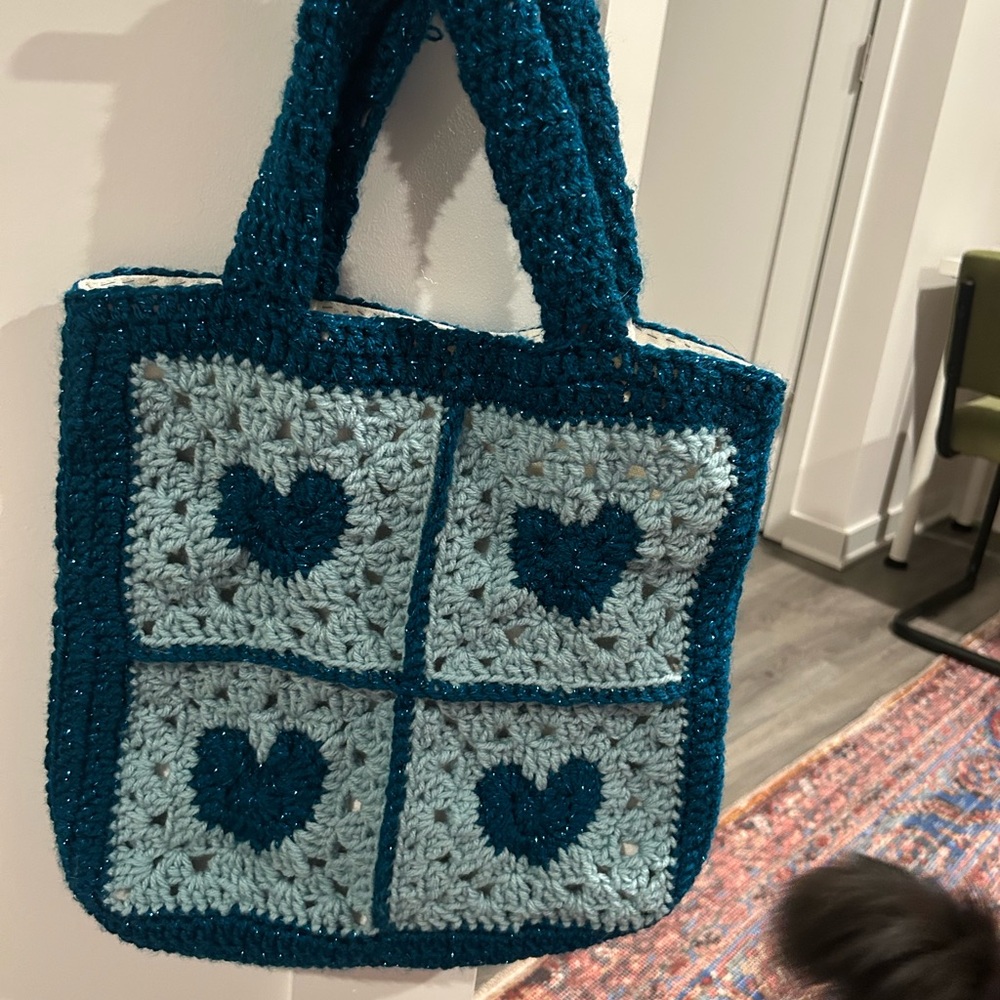 Handmade Teal and Light Blue Heart Motif Crochet Tote
